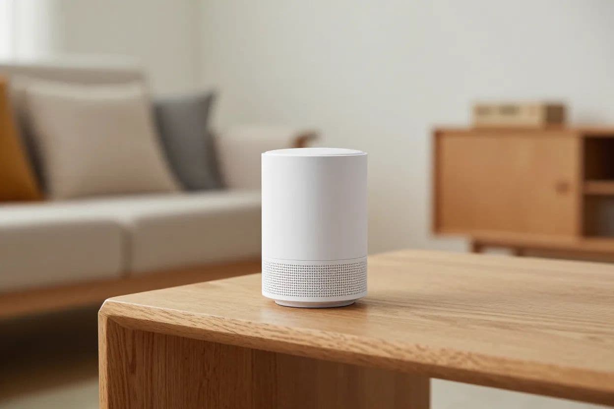 A small white smart sensor on a wooden shelf in a cozy living room